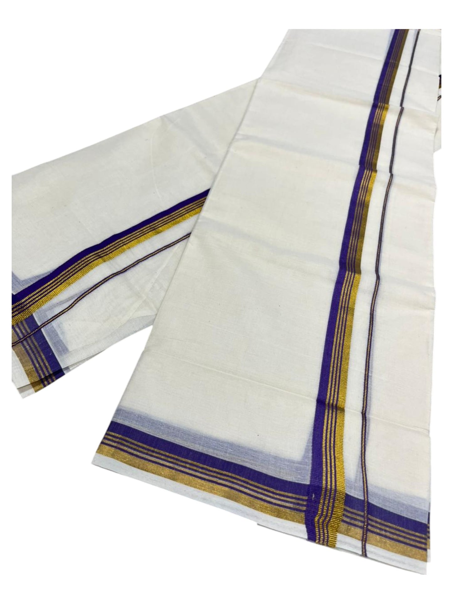 Pure Cotton Kerala Single Set Mundu (Mundum Neriyathum) with Violet Kasavu Border in 2.80 Mtrs