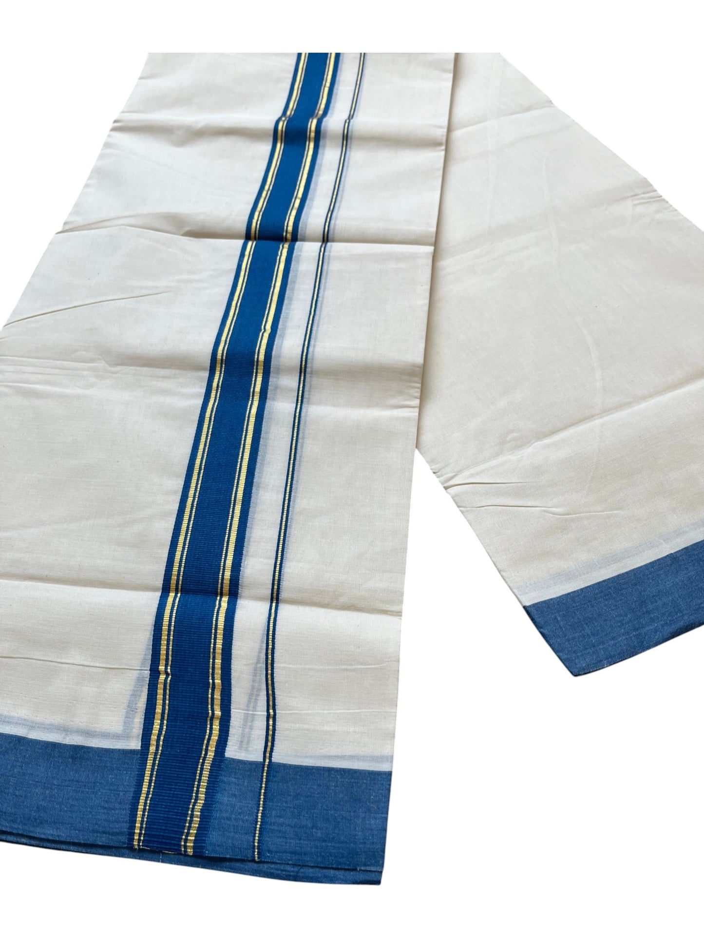 Southloom Pure Cotton Mundu with Golden Lines and Blue Border (South Indian Kerala Dhoti)