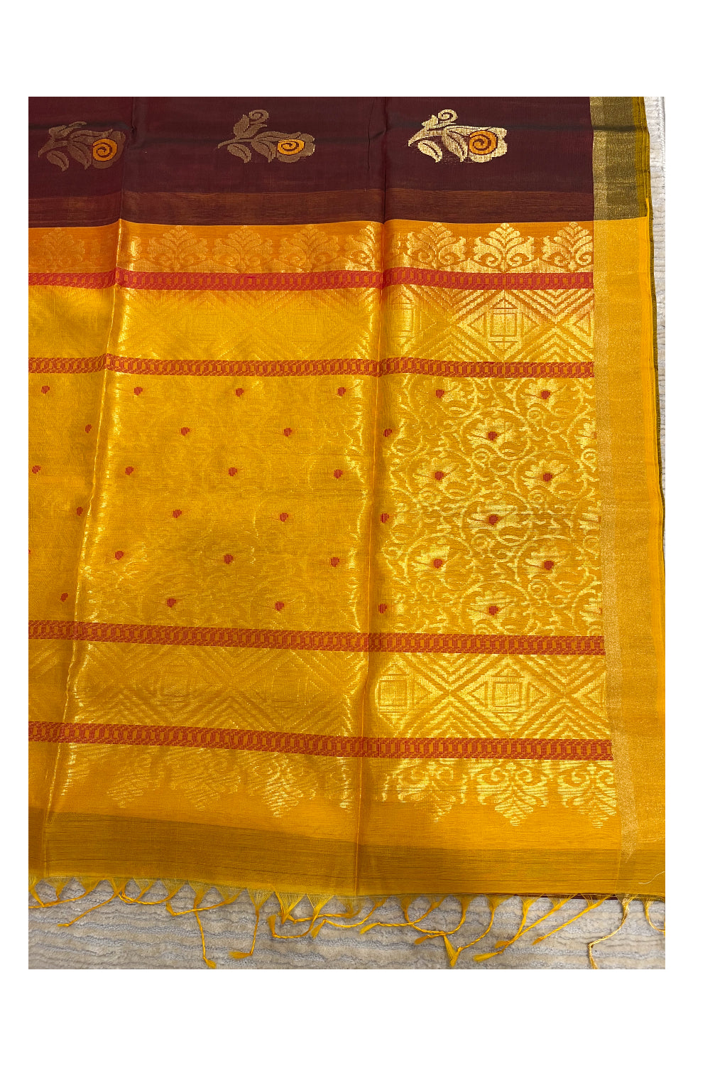 Southloom Pure Handloom Cotton Silk Saree With Handwoven Work Across Body and Blouse in Yellow And Maroon