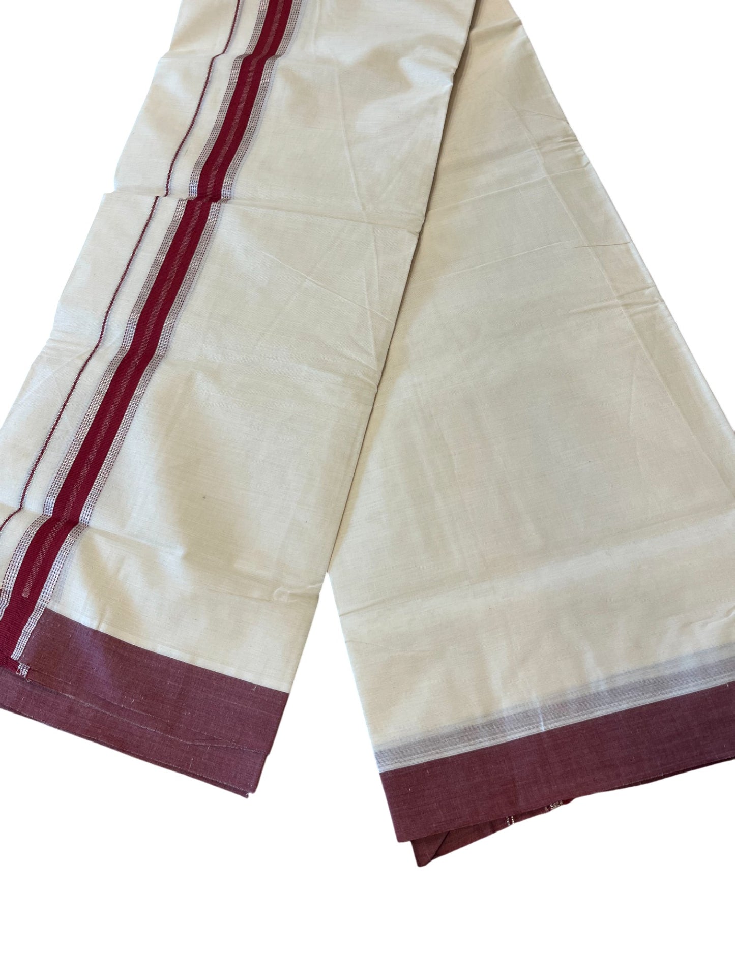 Southloom Kerala Pure Cotton Double Mundu with Silver Lines & Maroon Border (South Indian Dhoti)