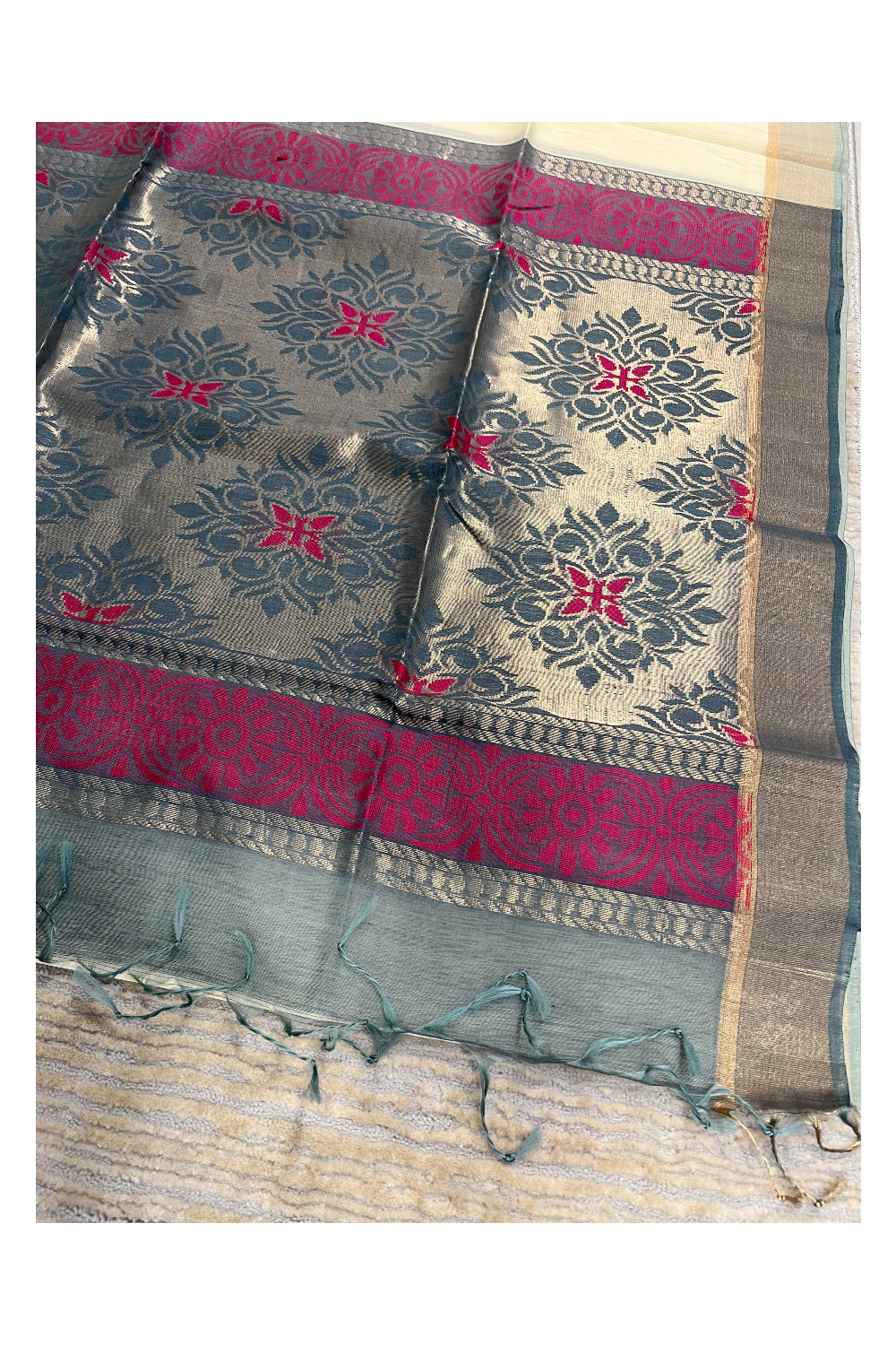 Southloom Pure Handloom Cotton Silk Saree With Handwoven Work Across Body and Blouse in Beige And Grey