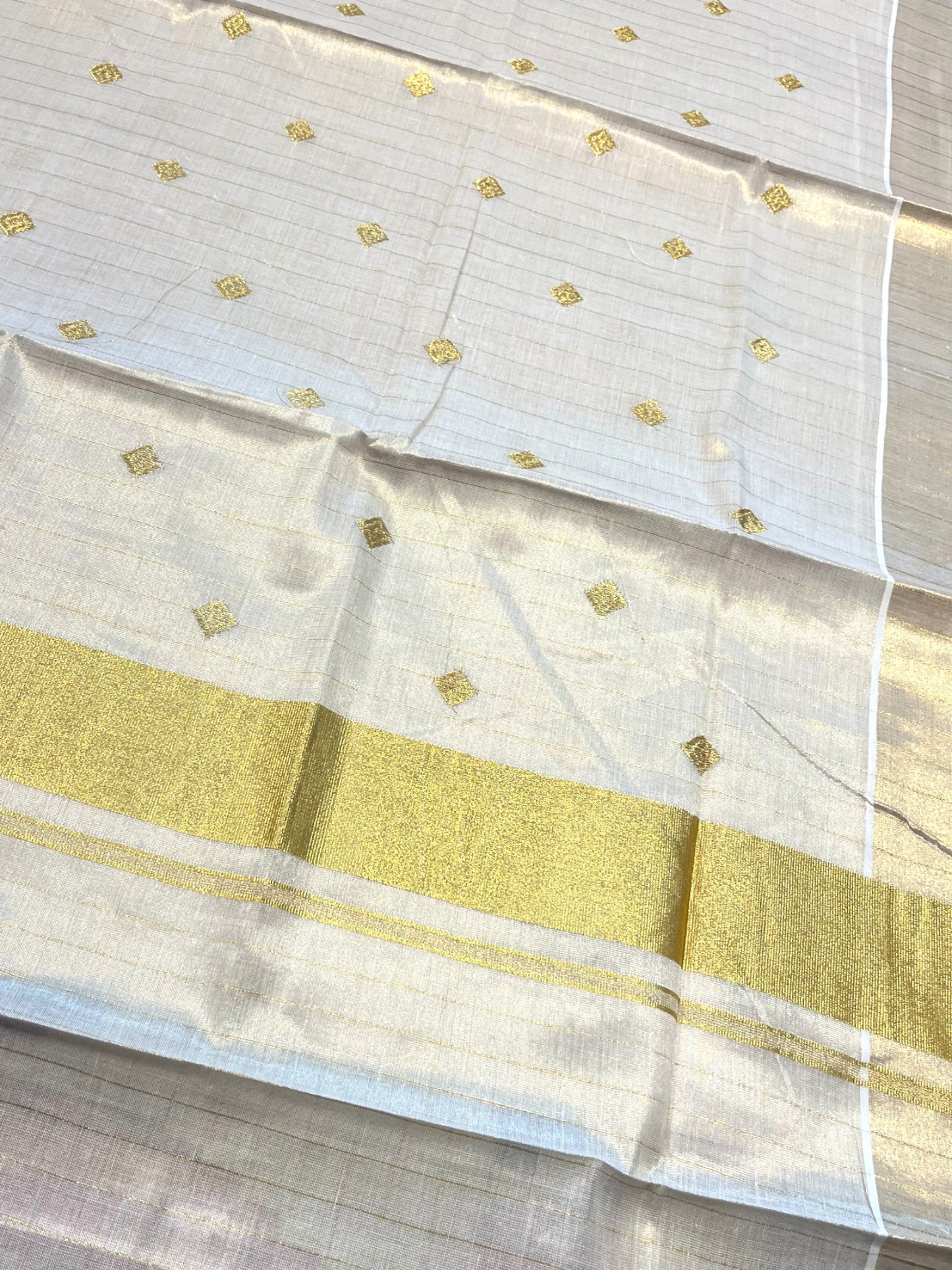 Southloom Kerala Tissue Kasavu Stripes Saree With Diagonal Embroidery on Body