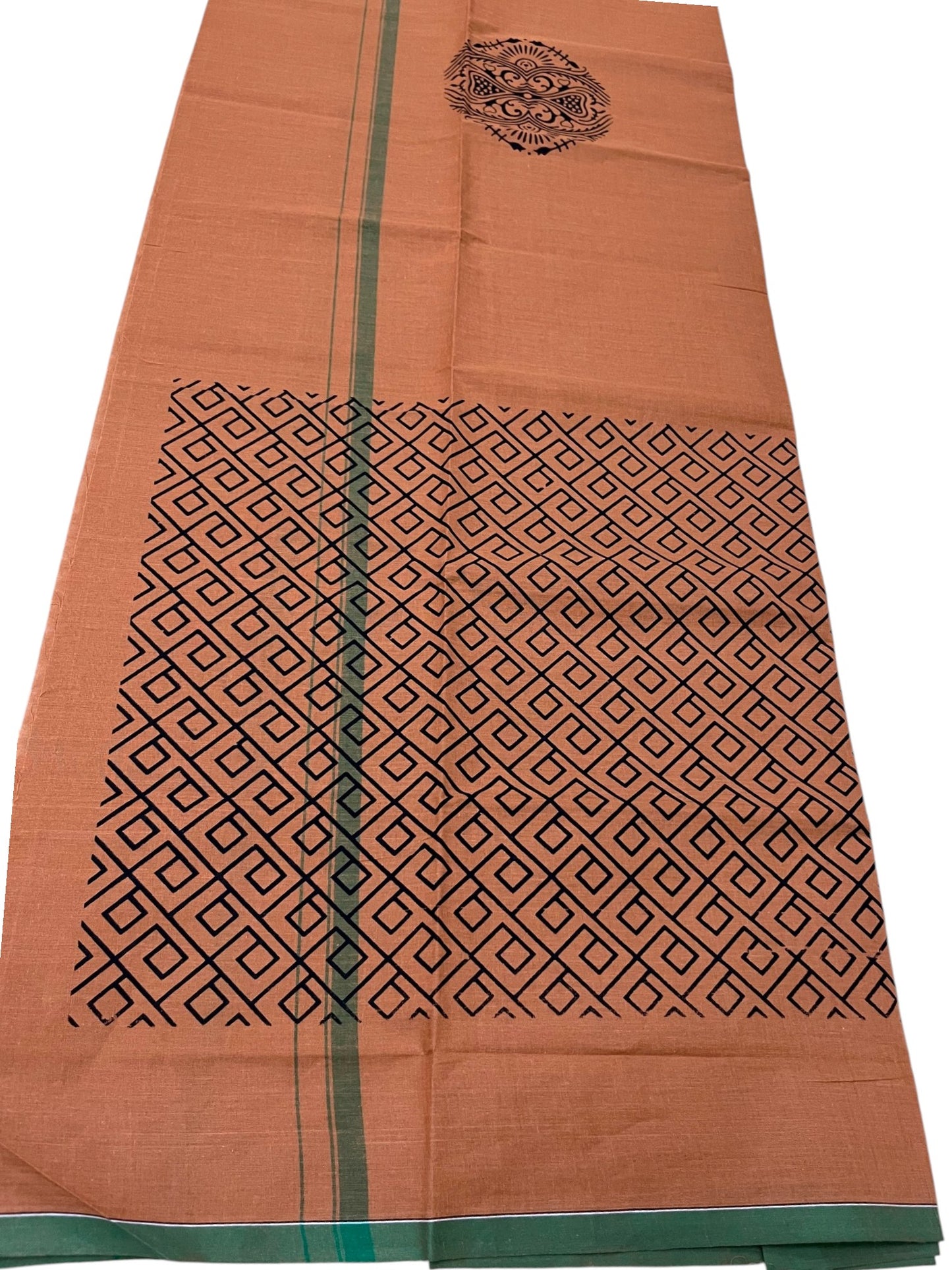 Southloom Saffron (Kaavi) Black Printed Single Mundu / Lungi (South Indian Kerala Dhoti) SL319