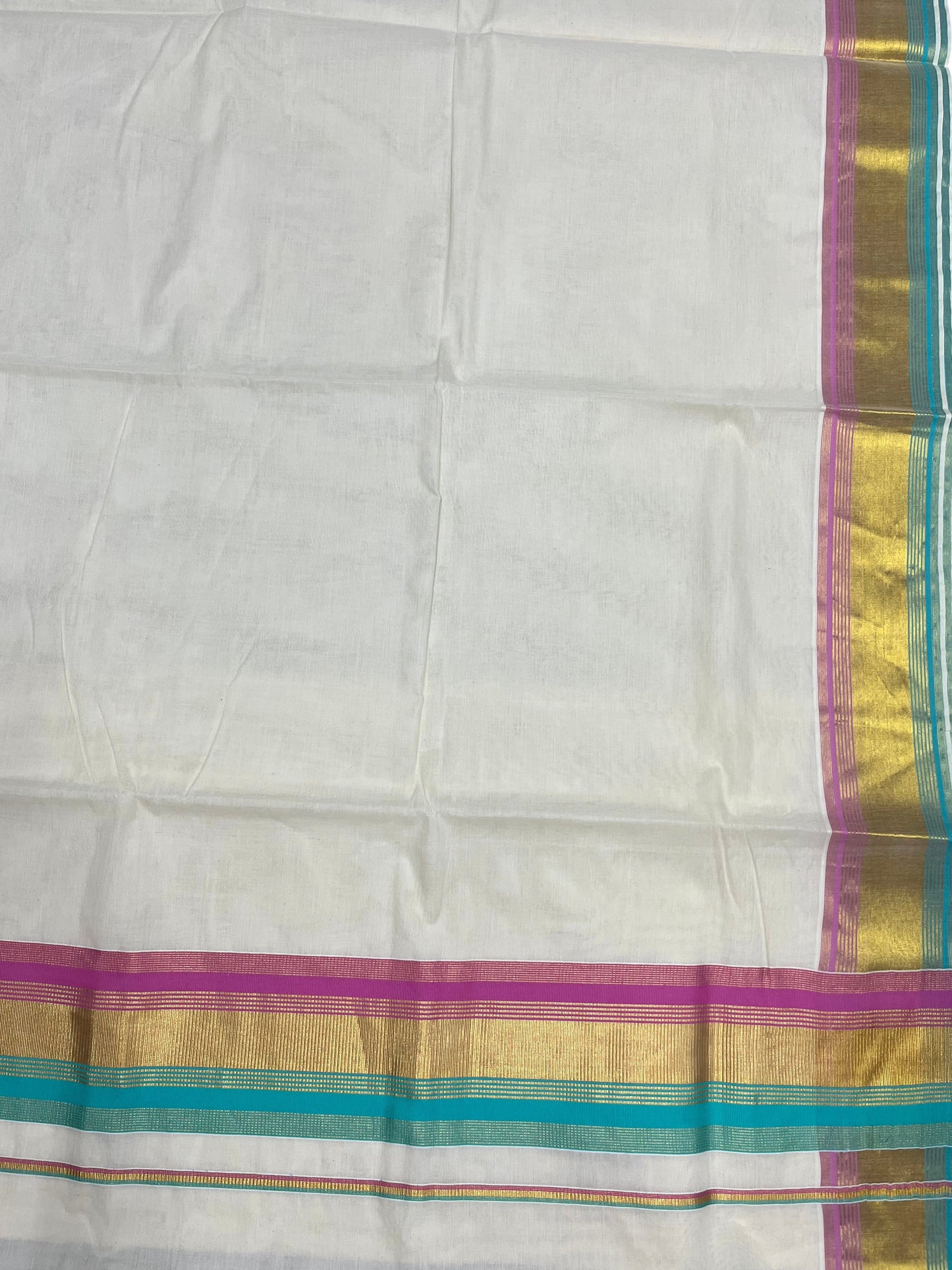 Southloom Kerala Cotton Kasavu Saree with Turquoise And Light Pink Border