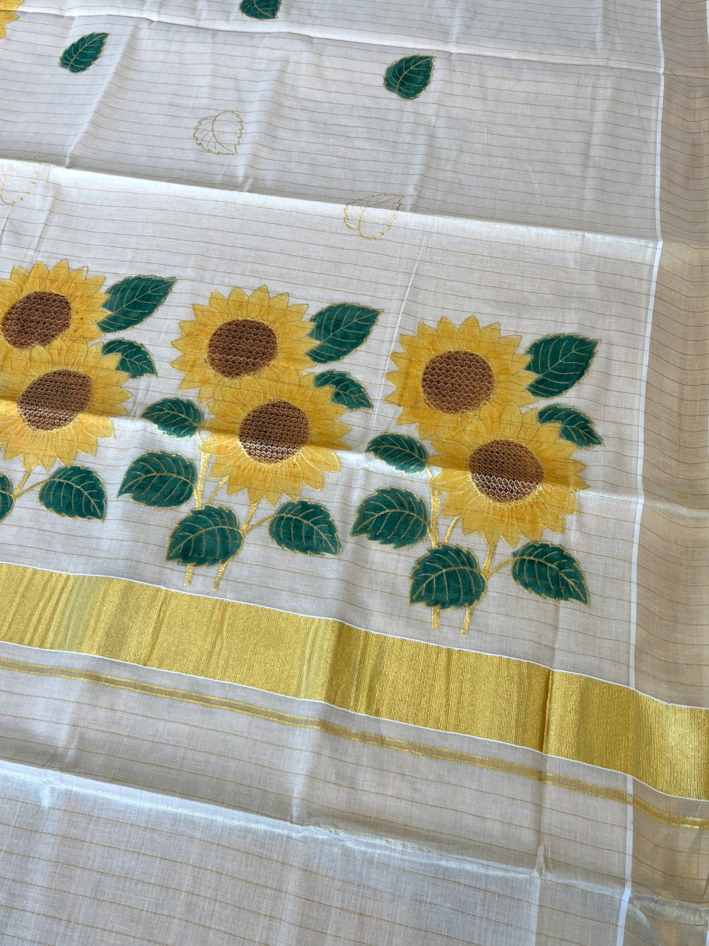 Southloom Kerala Kasavu Tissue Saree with Stripes Hand Painted Embroidery Sunflower Design