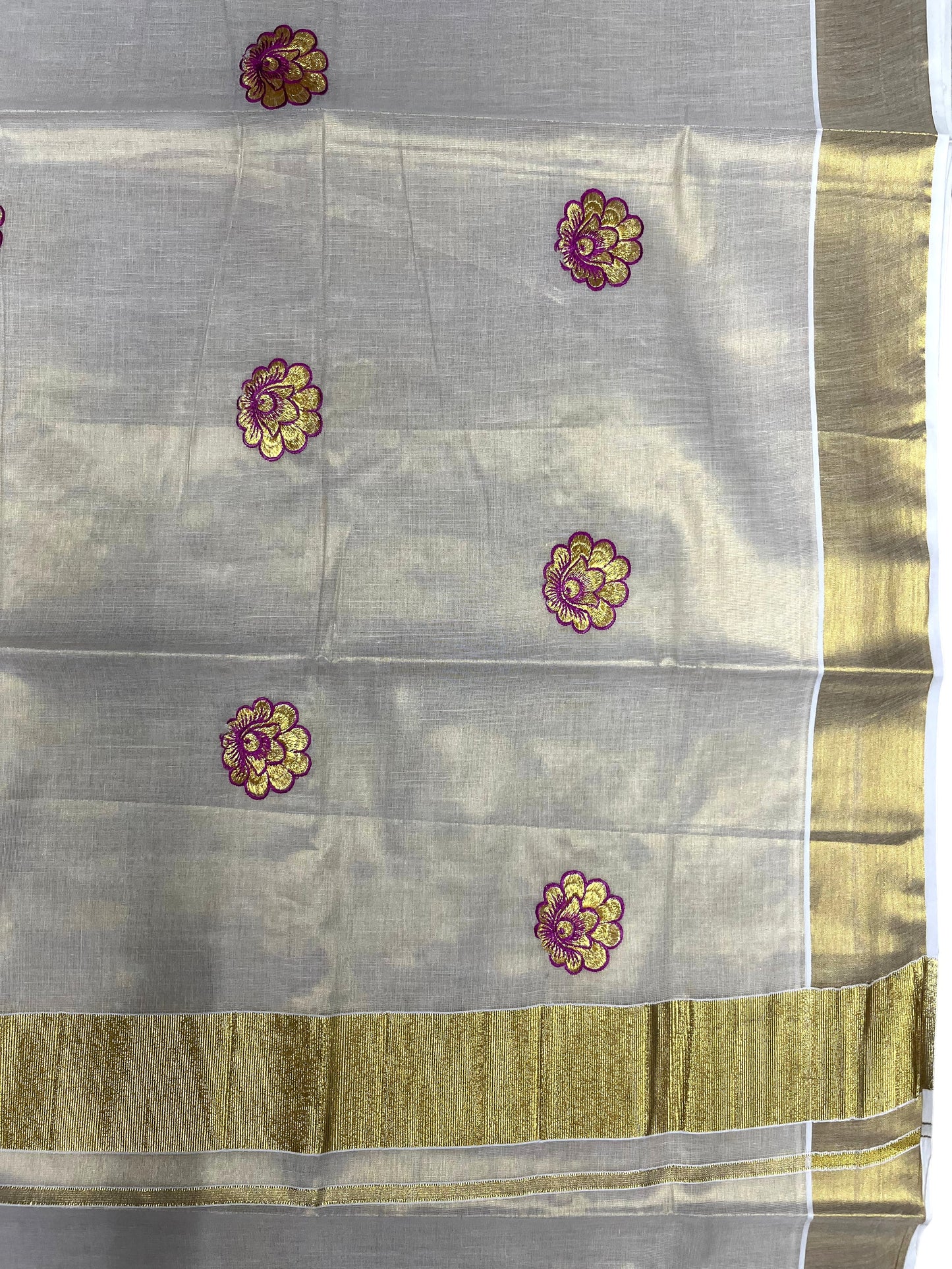 Southloom Kerala Tissue Kasavu Saree with Magenta Floral Embroidery Work on Body