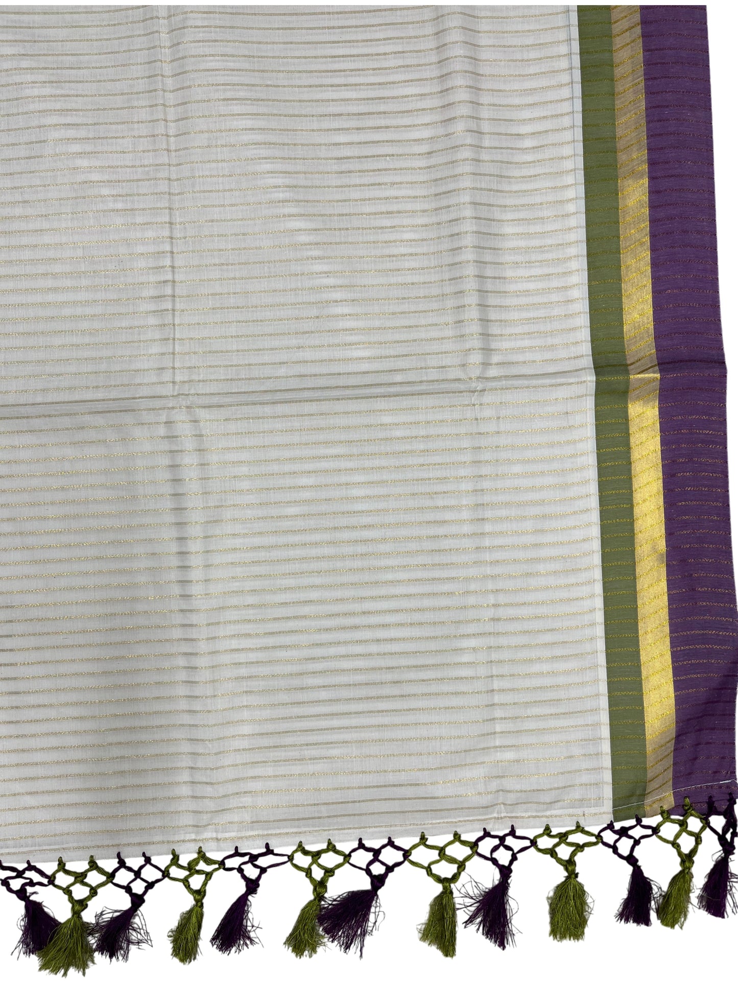 Southloom Cotton Kerala Kasavu Saree with Stripes on Body and Purple &Olive Green Border with Tussels