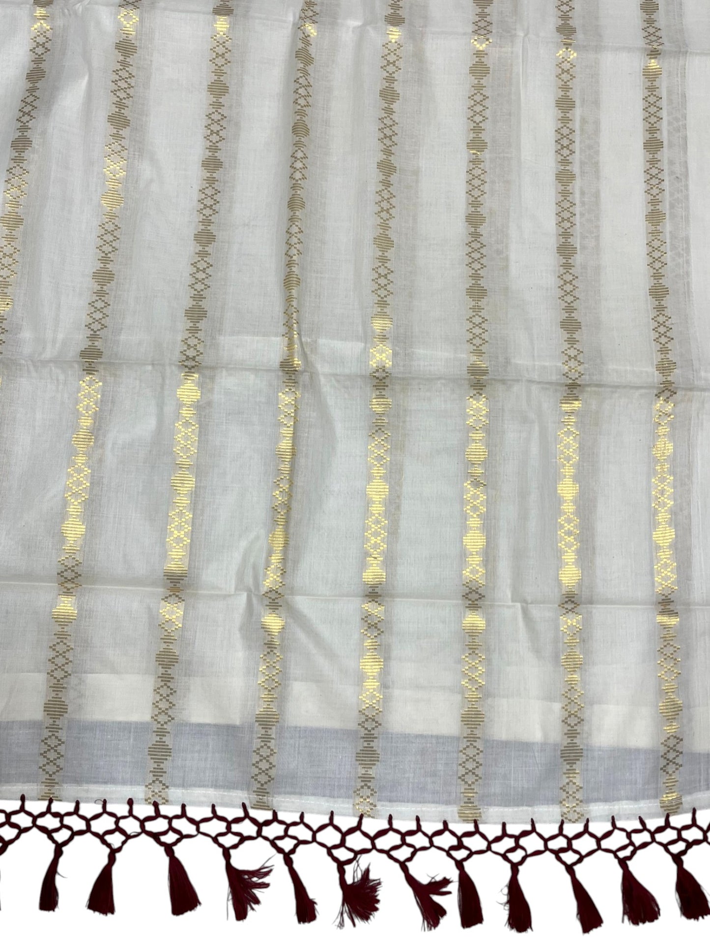 Southloom Kerala Cotton Kasavu Saree with Stripes on Body and Maroon Tussels