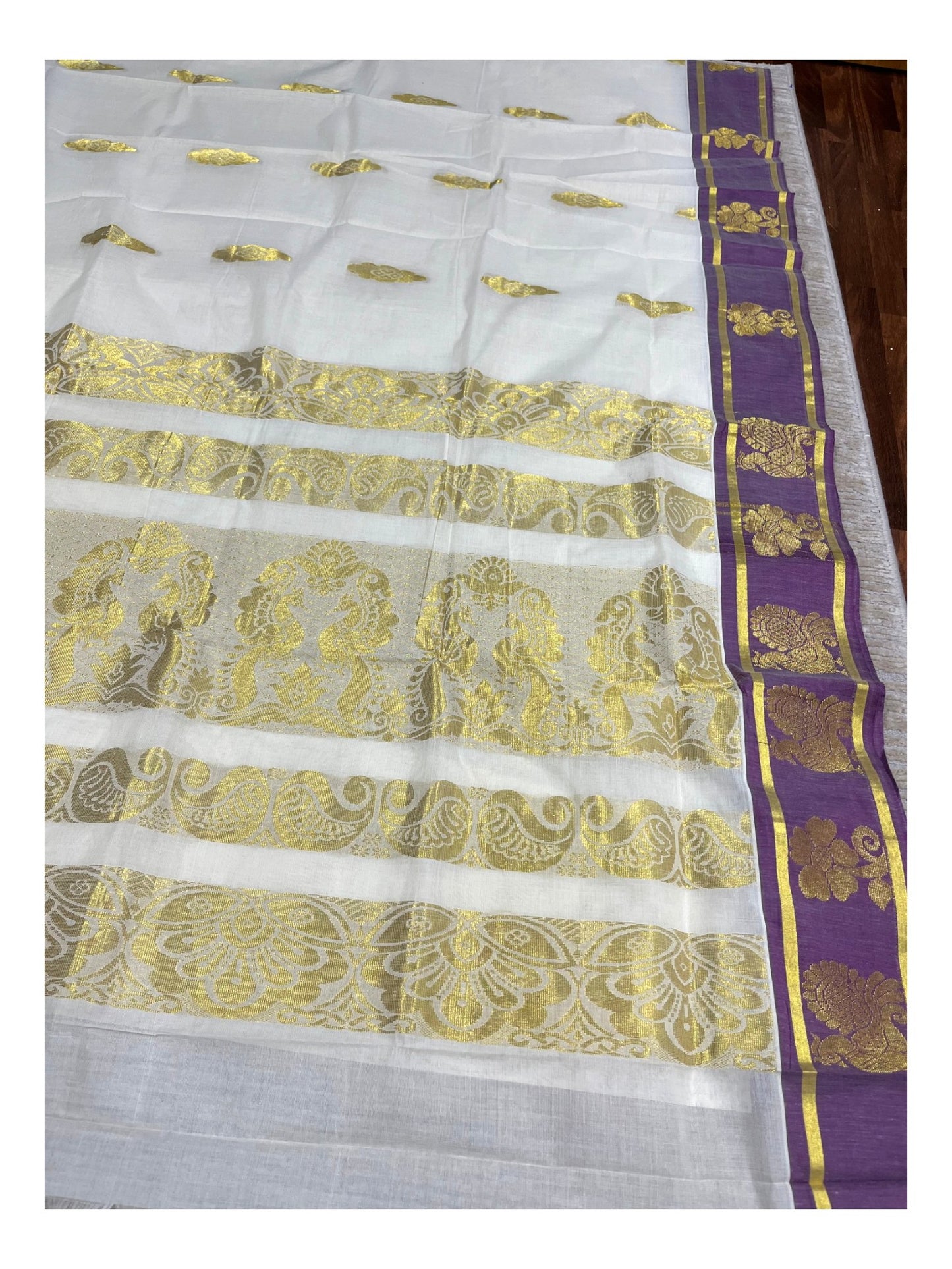 Southloom Pure Cotton Kerala Kasavu Heavy Work Saree with Paisley Floral Woven Design Violet Border