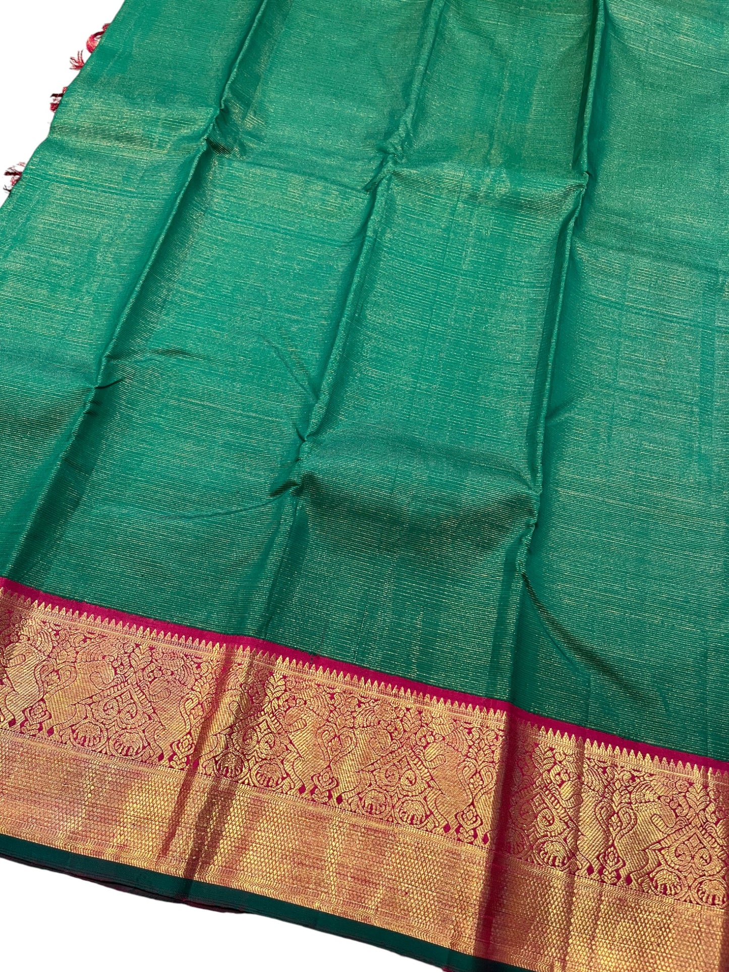 Southloom Premium Bridal Handloom Kanchipuram Silk Saree With Korvai Works (Green)