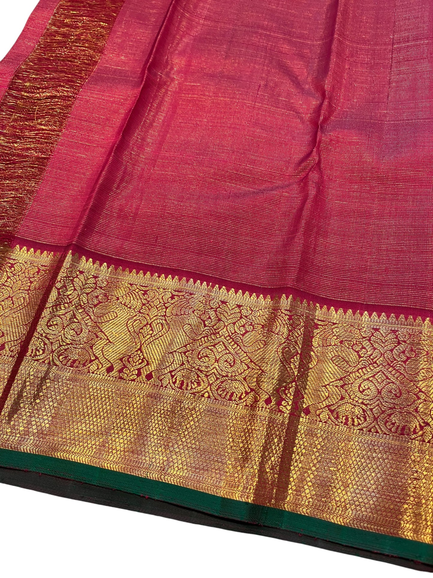 Southloom Premium Bridal Handloom Kanchipuram Silk Saree With Korvai Works (Green)
