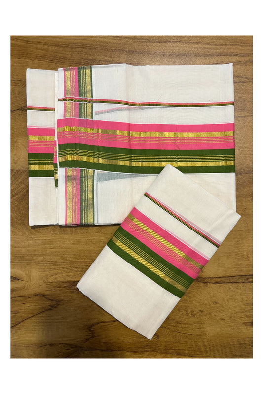 Kerala Cotton Kasavu Set Mundu (Mundum Neriyathum) with Pink Olive Green Border 2.80 Mtrs SLKK SL470