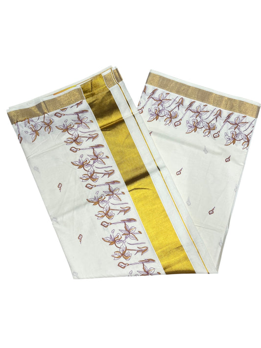 Southloom Cotton Kerala Kasavu Saree with Floral Printed