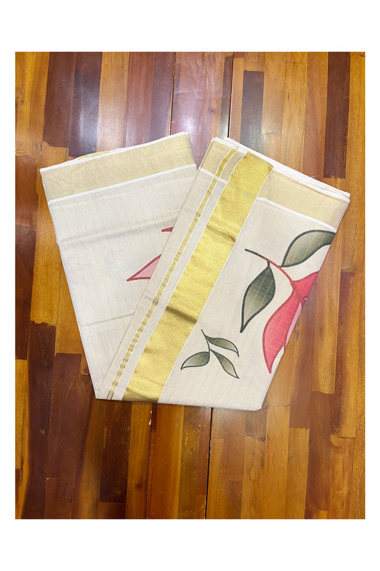 Kerala Tissue Kasavu Lines Saree with Floral Block Prints on Border