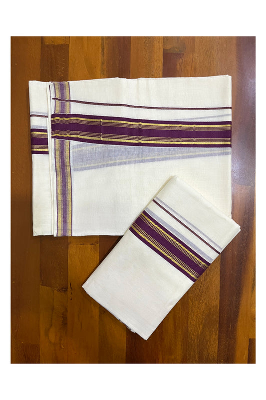 Kerala Cotton Set Mundu (Mundum Neriyathum) with Purple and Kasavu Border 2.80 Mtrs SLKK SL470