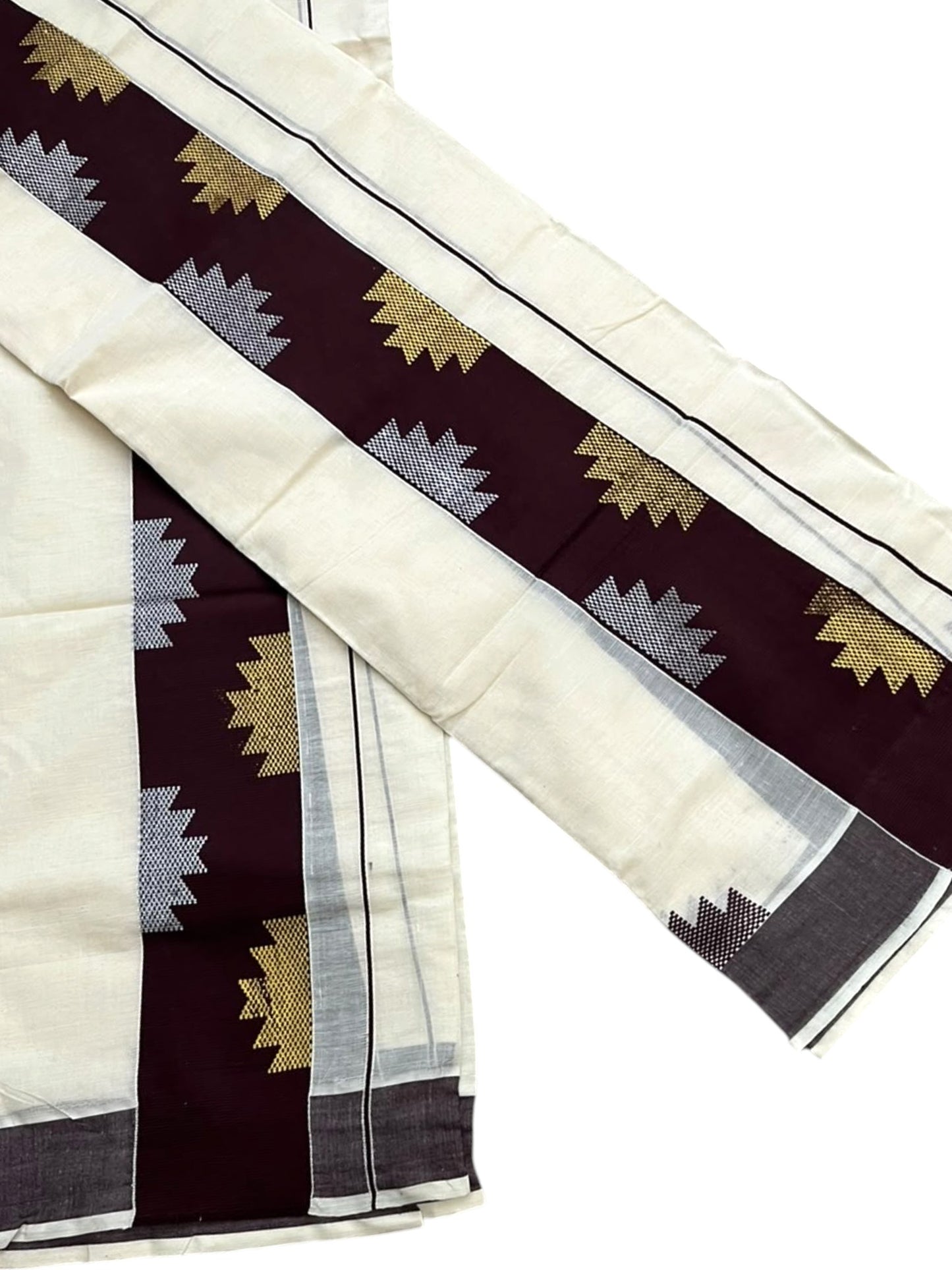 Southloom Pure Cotton Single Set Mundu (Mundum Neriyathum) Temple Design & Brown Border 2.80 Mtrs