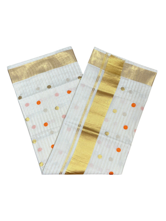 Southloom Kerala Cotton Kasavu Saree with Gold & Orange Polka Embroidery Works on Body