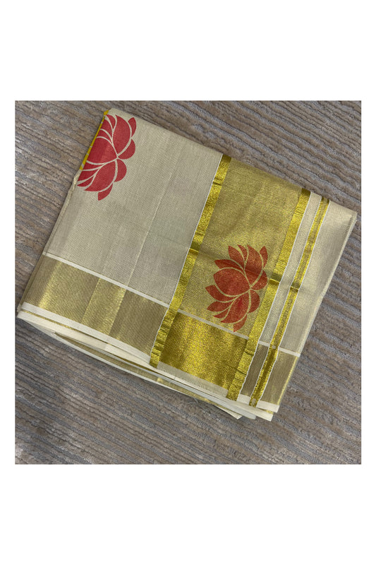 Southloom Kerala Tissue Saree with Orange And Yellow Lotus Block Prints On Kasavu Border