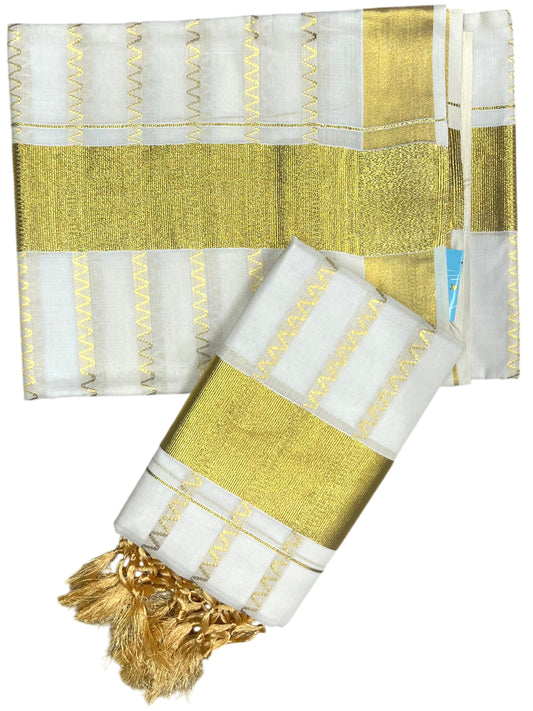 Southloom Cotton Kerala Kasavu Set Mundu (Mundum Neriyathum) with Golden Tassels 2.80 Mtrs