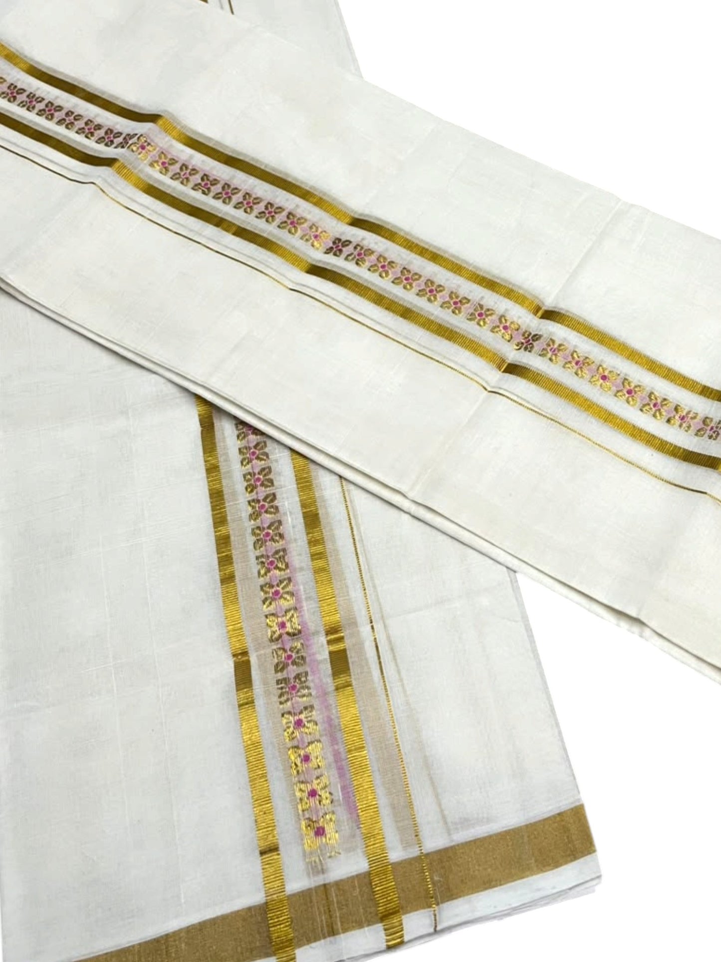 Southloom Premium Cotton Handloom Set Mundu With Pink Woven Dots Design And Golde Kasavu Border (2.80 Mtr) SL632