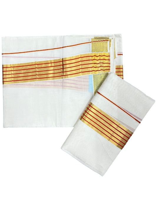 Southloom Pure Cotton Kerala Kasavu Single Set Mundu (Mundum Neriyathum) with Orange and Kasavu Border