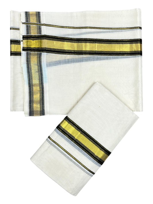 Southloom Pure Cotton Kerala Kasavu Set Mundu (Mundum Neriyathum) Kasavu & Black Border in 2.80 Mtrs
