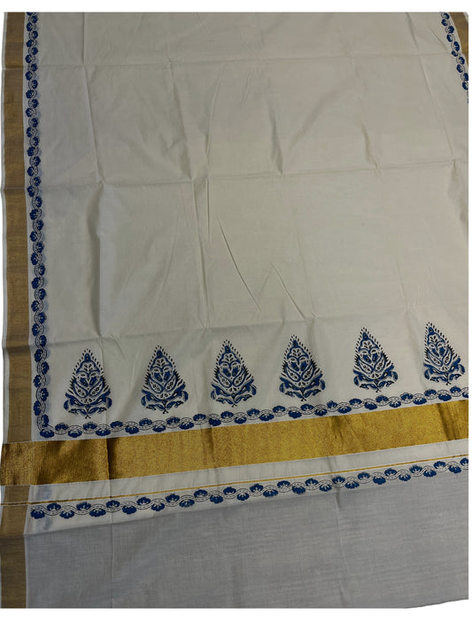 Southloom Cotton Kerala Kasavu Saree with Blue and Black Block Prints On Border