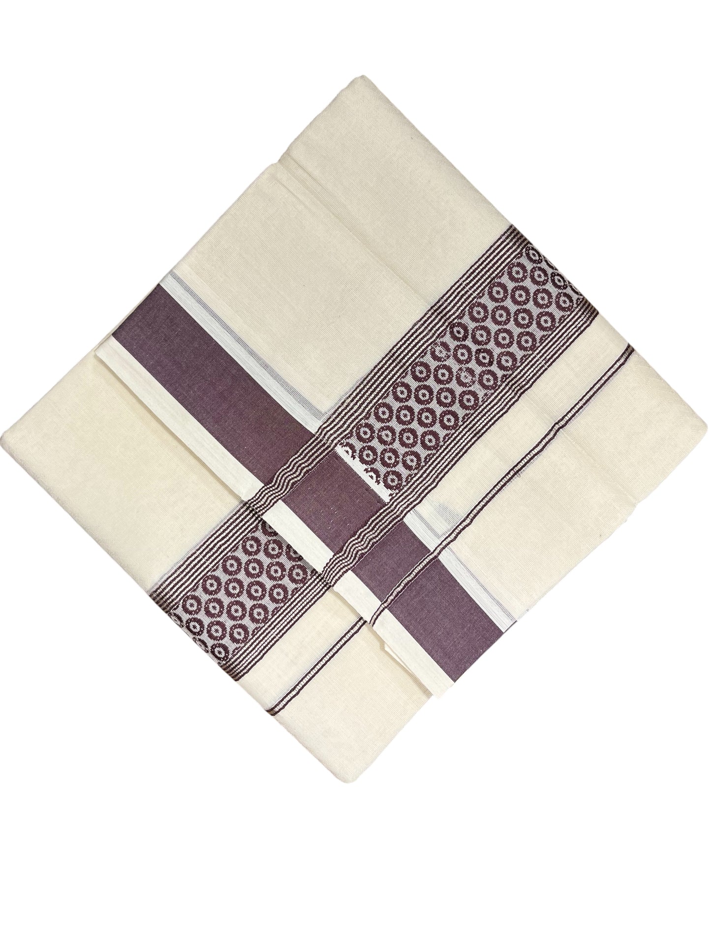 Southloom Pure Cotton Mundu With Silver Lines And Brown Print (South Indian Kerala Dhoti)