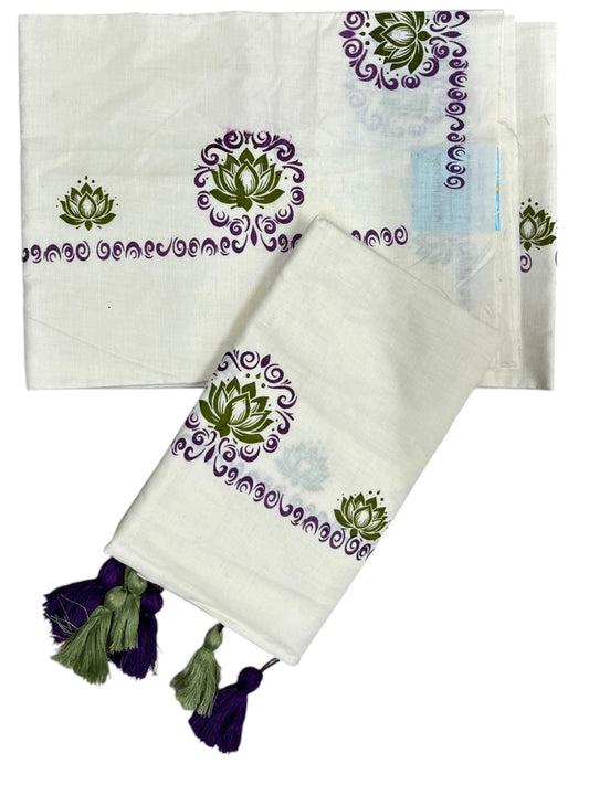 Southloom Kerala Cotton Single Set Mundu (Mundum Neriyathum) with Olive Green &Voilet Lotus Block Printed Design