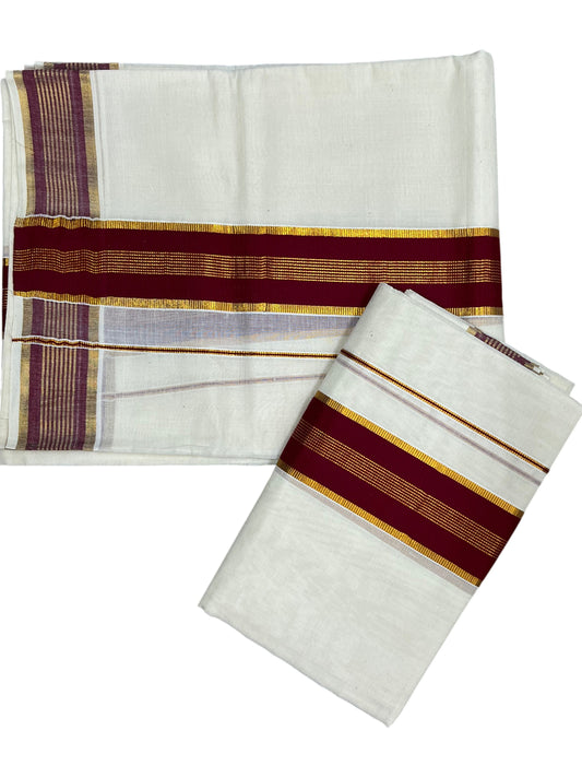 Southloom Kerala Cotton Set Mundu (Mundum Neriyathum) with Kasavu and Maroon Border 2.80Mtrs