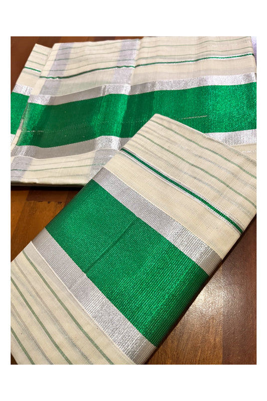 Kerala Cotton Set Mundu Single (Mundum Neriyathum) with Silver and Green Kasavu Lines Across Body 2.80 Mtrs