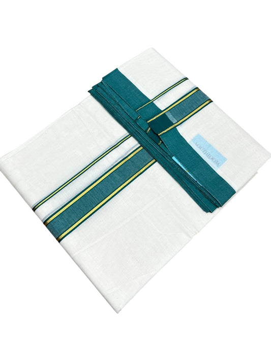 Southloom Pure Cotton Mundu with Gold Lines and Green Border (South Indian Kerala Dhoti)