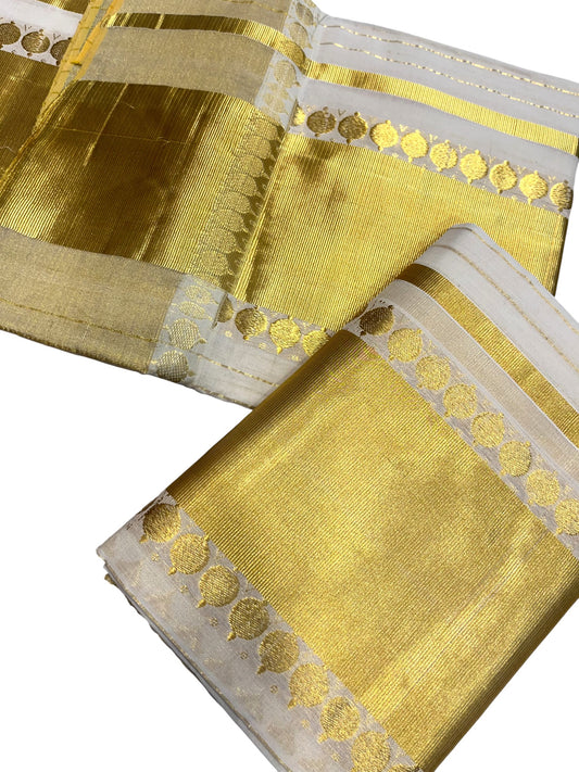Southloom Handloom Premium Cotton Kasavu Stripes Set Mundu With Polka Woven Patterns On Border (Mundum Neriyathum) 2.80 Mtrs
