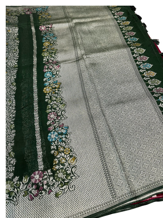 Southloom Banarasi Silk Saree with Woven Work on Body and Borders (Green & Purple)
