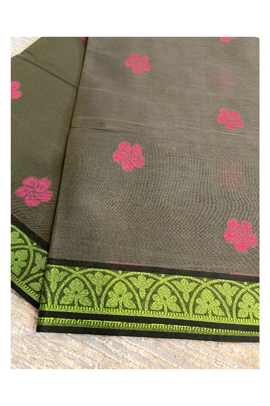 Southloom Kerala Cotton Saree with Floral Woven Works Across Body in Green