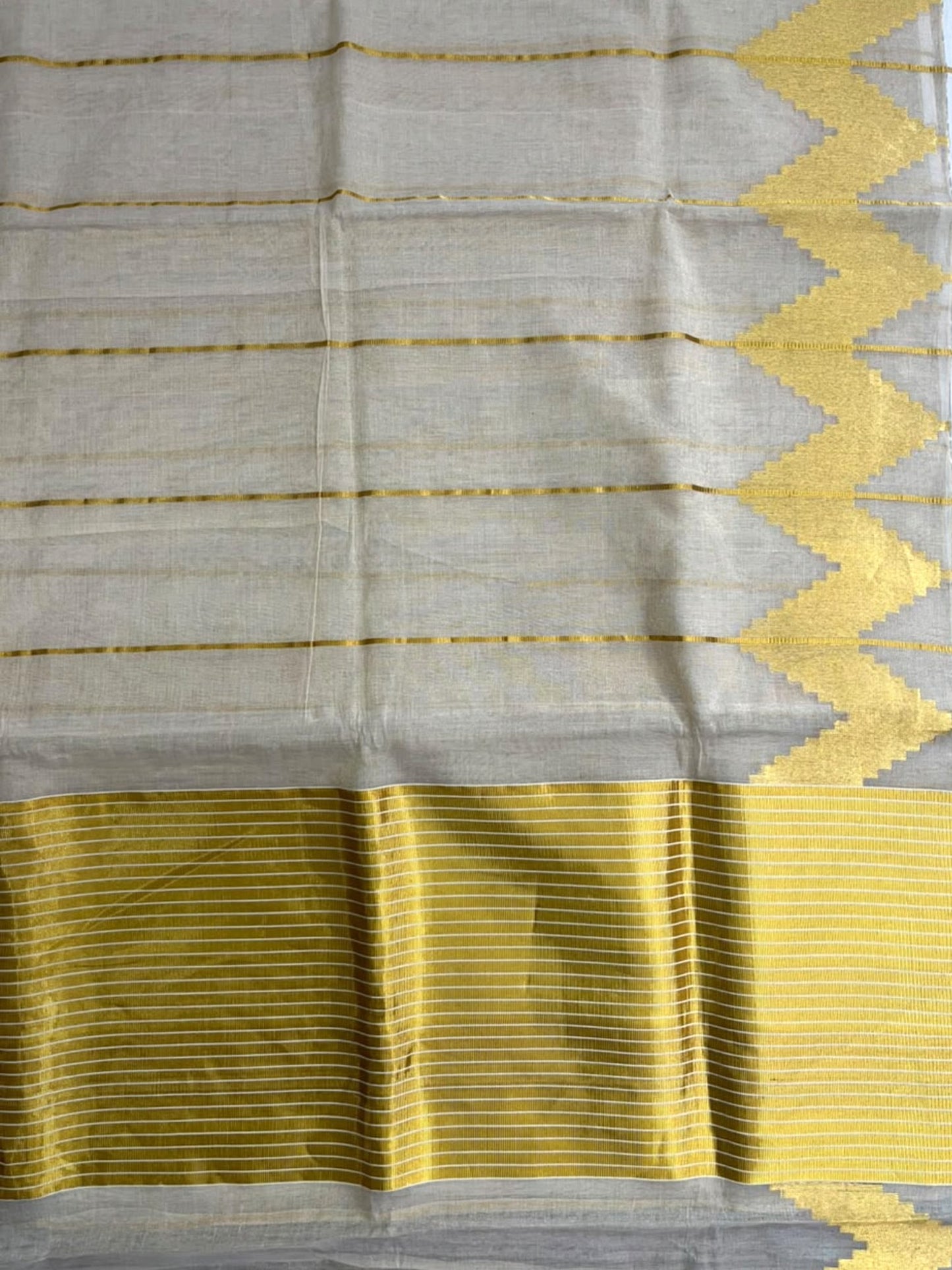 Southloom Super Premium Balaramapuram Handloom Tissue Stripes Saree with Gold Temple Kasavu on Border
