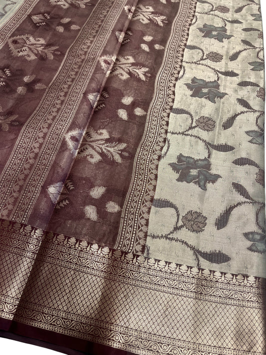 Southloom Tissue Silk Saree with Woven Work on Body and Borders (Grey & Maroon)