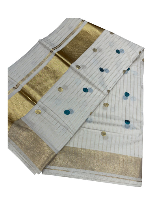 Southloom Kerala Pure Cotton Saree with Gold&Blue Polka Embroidery Works on Body