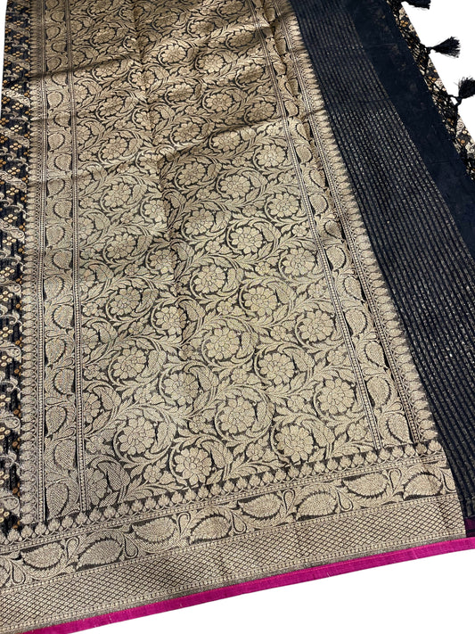 Southloom Cotton Banarasi Silk Saree with Woven Work on Body and Borders (Black & Yellow)