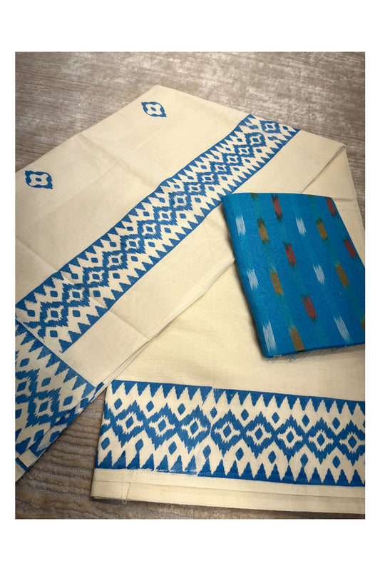 Southloom Ikat Design Blue Printed Saree with Blouse Piece