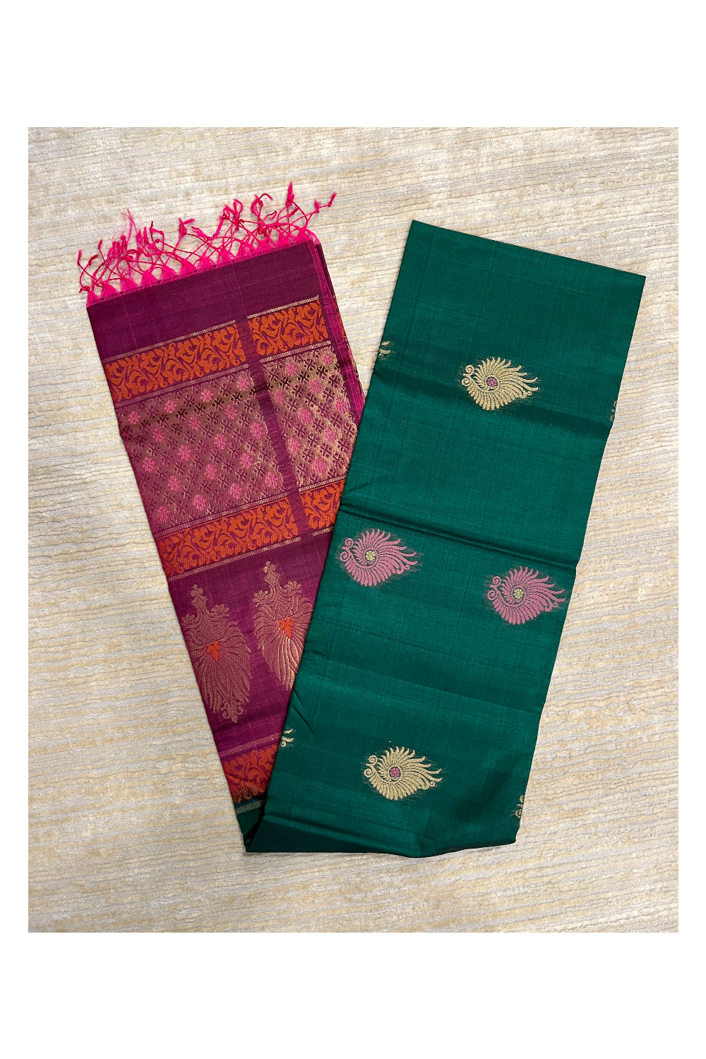 Southloom Pure Handloom Cotton Silk Saree With Handwoven Work Across Body and Blouse in Green And Magenta