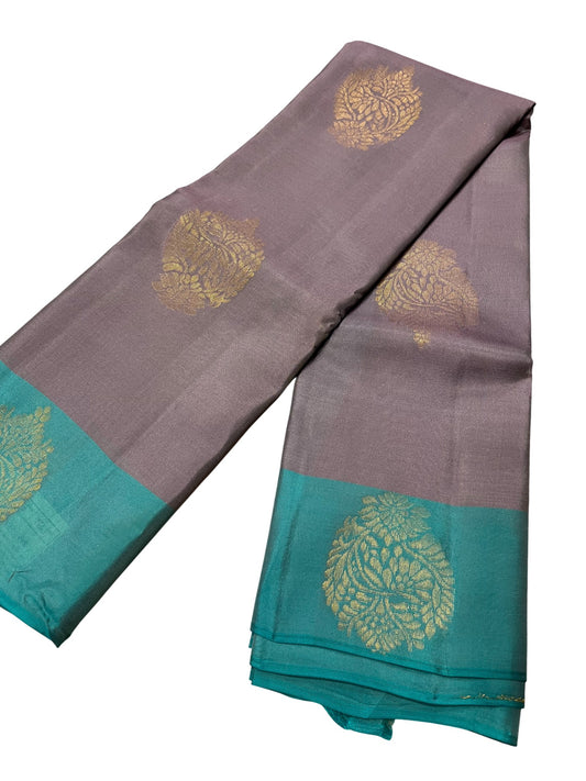 Southloom Pure Handloom Kanchipuram Silk Saree with Butta Work (Grey & Blue)
