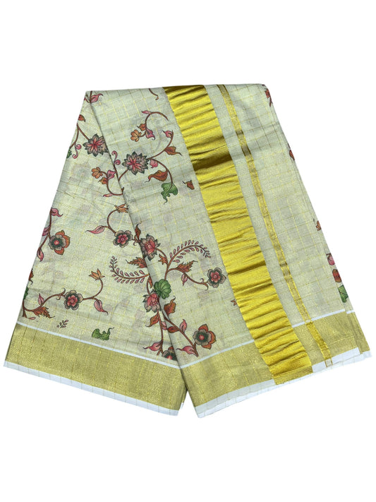 Southloom Tissue Check Kalamkari Print Kerala Kasavu Saree in Green