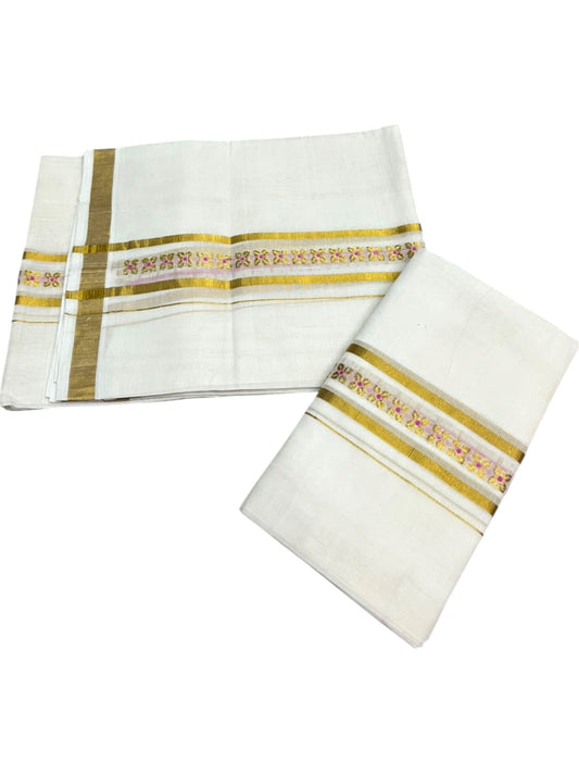 Southloom Premium Cotton Handloom Set Mundu With Pink Woven Dots Design And Golde Kasavu Border (2.80 Mtr) SL632