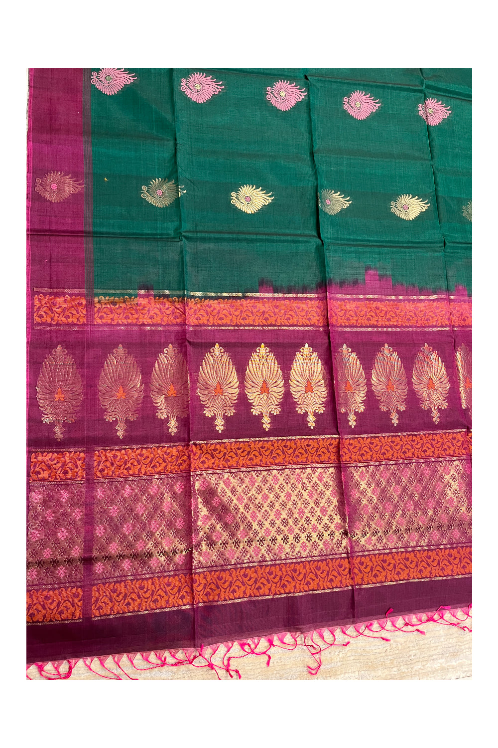 Southloom Pure Handloom Cotton Silk Saree With Handwoven Work Across Body and Blouse in Green And Magenta