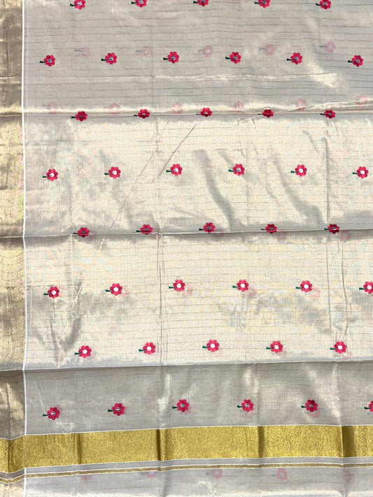 Southloom Tissue Kerala Kasavu Stripes Saree with Pink Floral Embroidery Design