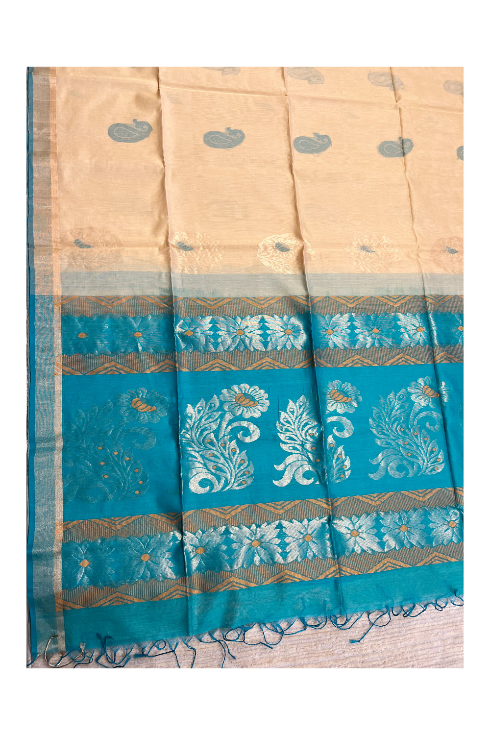 Southloom Pure Handloom Cotton Silk Saree With Handwoven Work Across Body and Blouse in Green And Beige