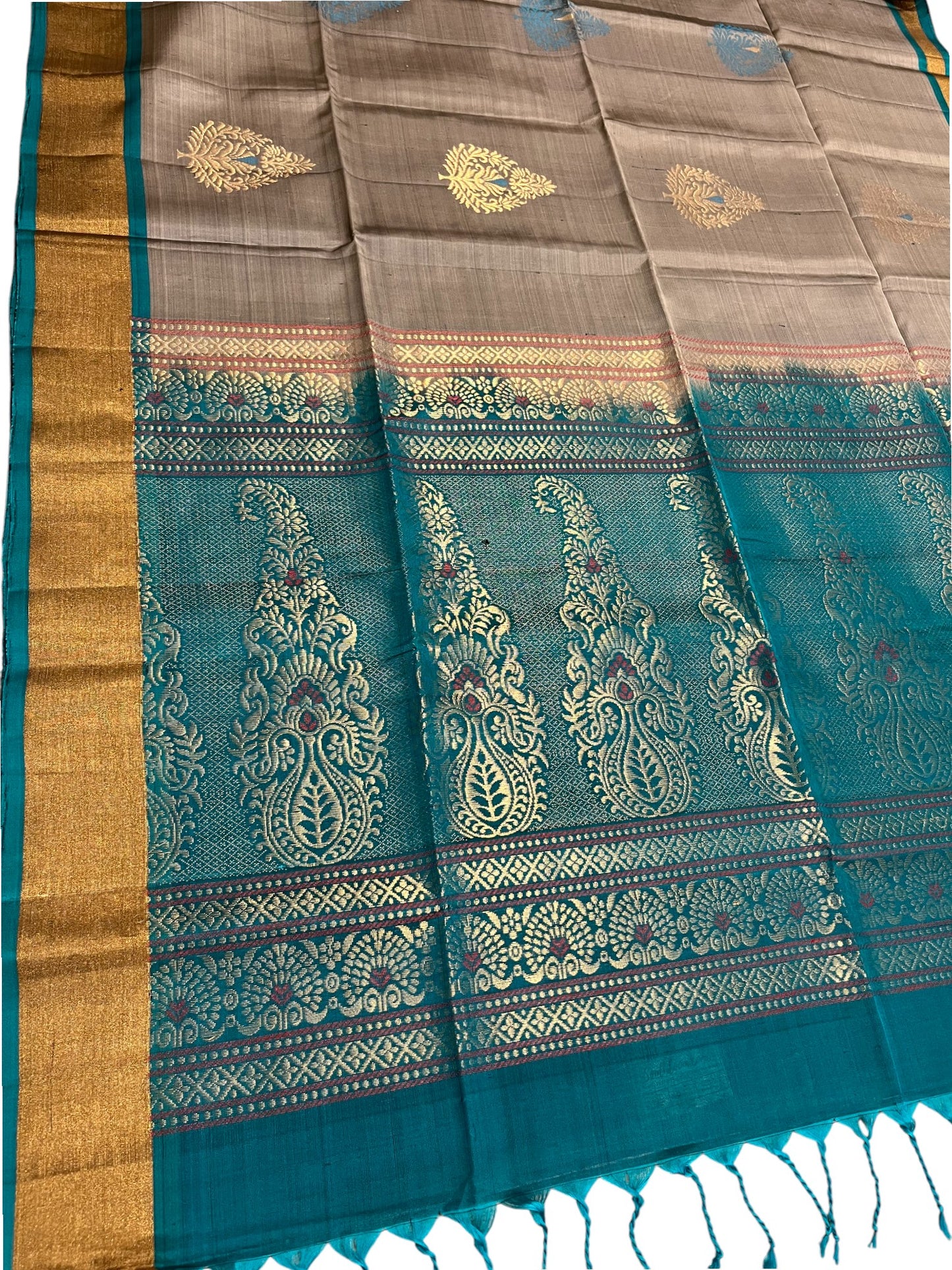Southloom Pure Handloom Bridal Kanchipuram Silk Saree with Korvai Work (Blue & Grey)