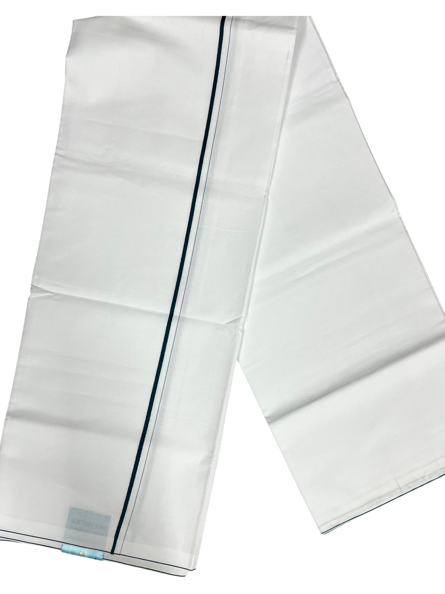 Southloom Pure White Cotton Single Mundu with Dark Green Border (South Indian Kerala Dhoti)
