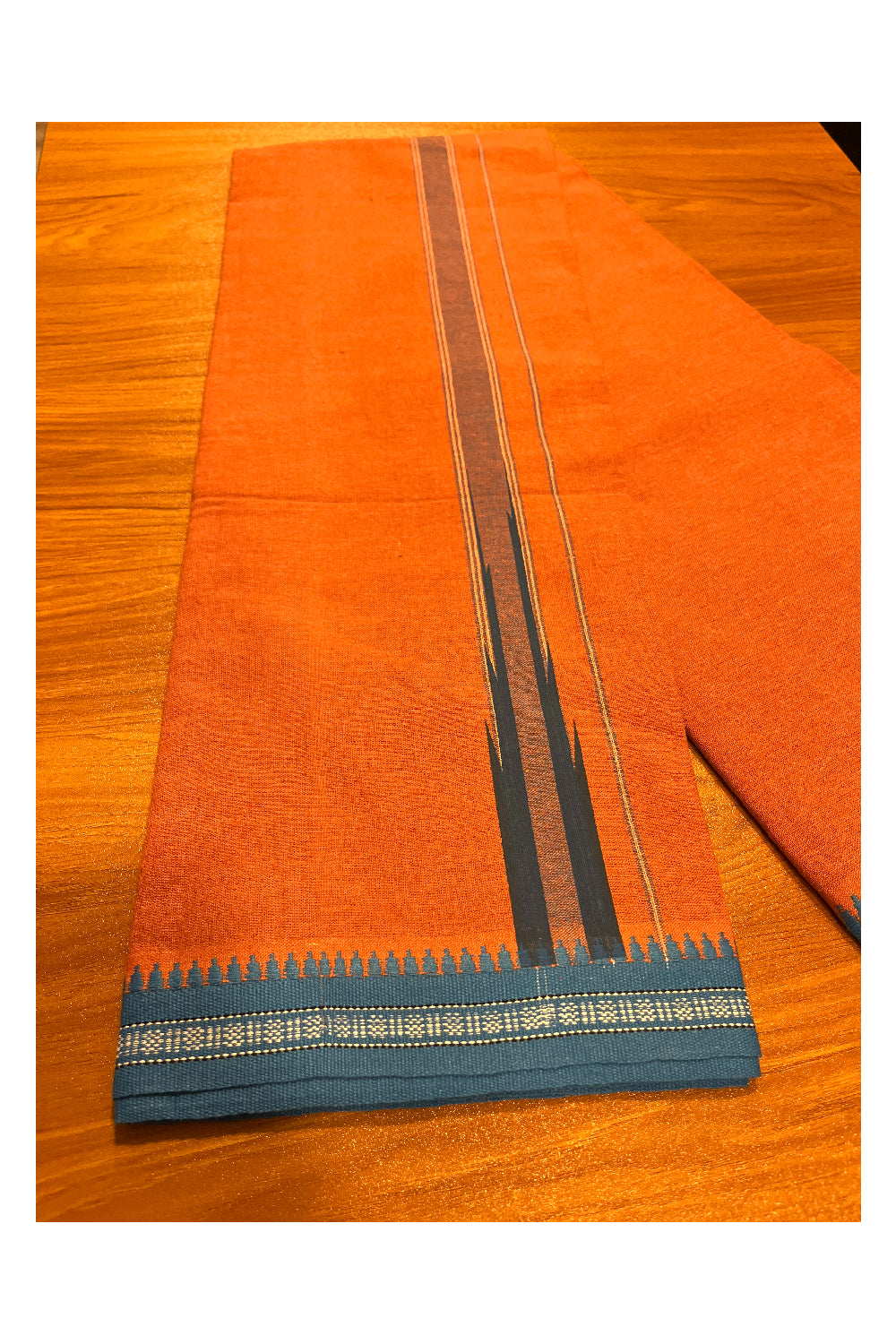 Southloom Saffron (Kaavi) Black Printed Single Mundu / Lungi (South Indian Kerala Dhoti)